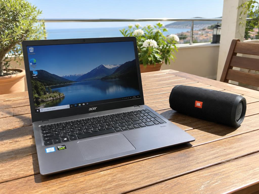 Laptop en bluetooth speaker